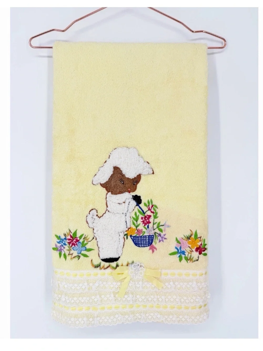 Vintage Lady Pepperell Cotton Yellow Bath Towel With Fluffy Lamb Floral Lace Bow